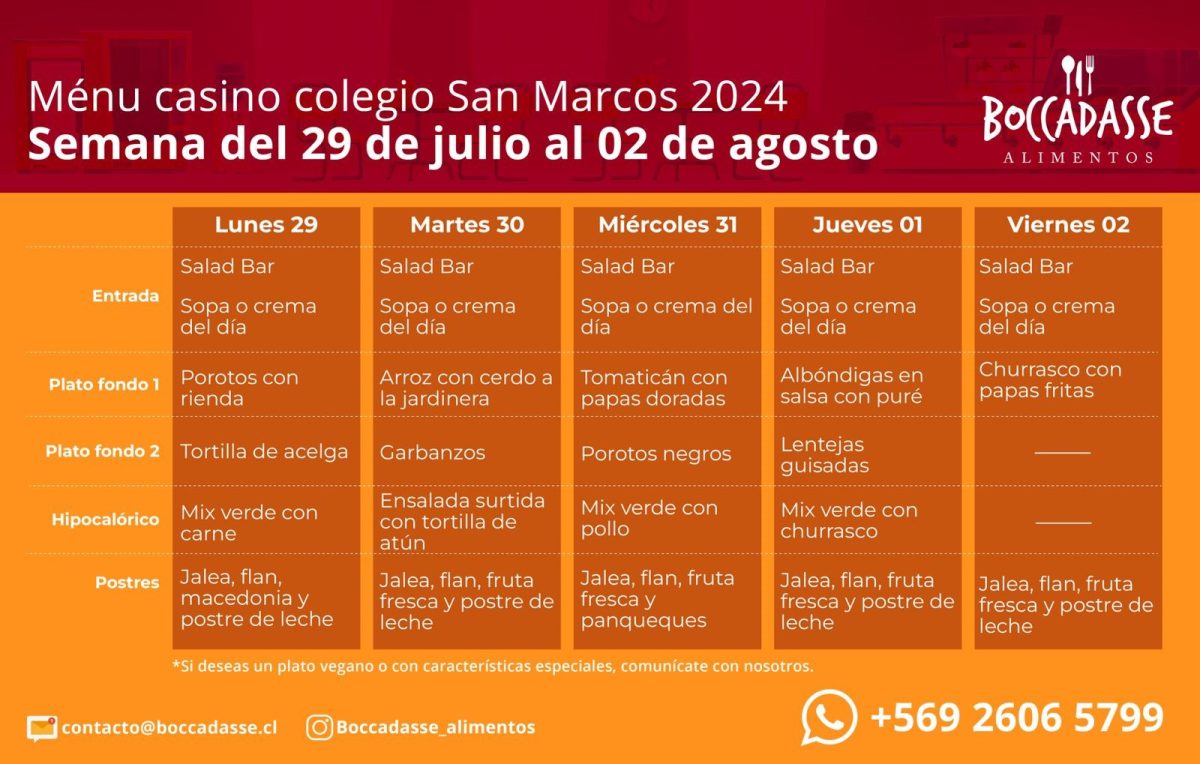 MENÚ CASINO: 29 DE  JULIO AL 2 DE AGOSTO