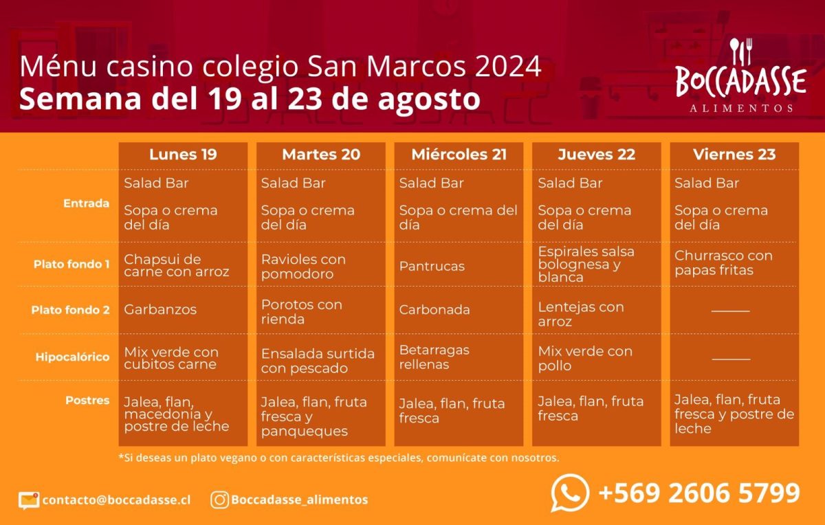 MENÚ CASINO, SEMANA 19 AL 23 DE AGOSTO