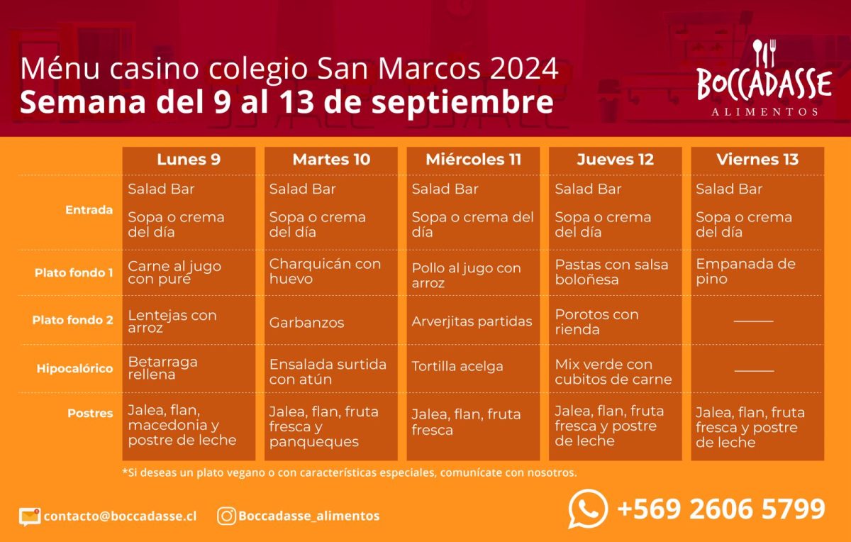 MENÚ CASINO:  SEMANA  DEL 9 AL 13  DE  SEPTIEMBRE