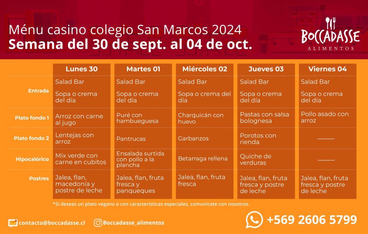 MENÚ CASINO, SEMANA: 30 DE SEPTIEMBRE AL 4 DE OCTUBRE