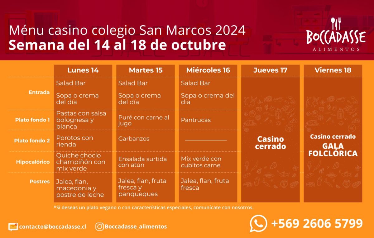 MENÚ  CASINO, SEMANA  14 AL 16 DE OCTUBRE