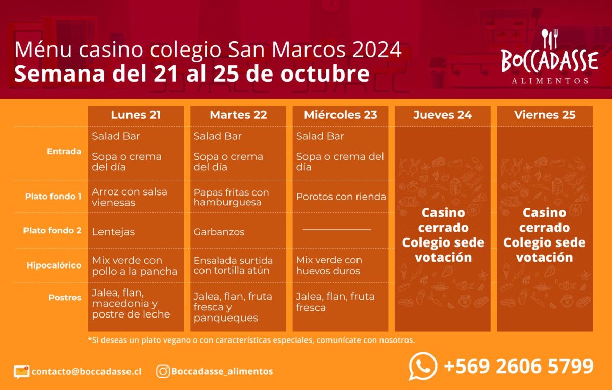 MENÚ CASINO, SEMANA  21 AL 23 DE  OCTUBRE