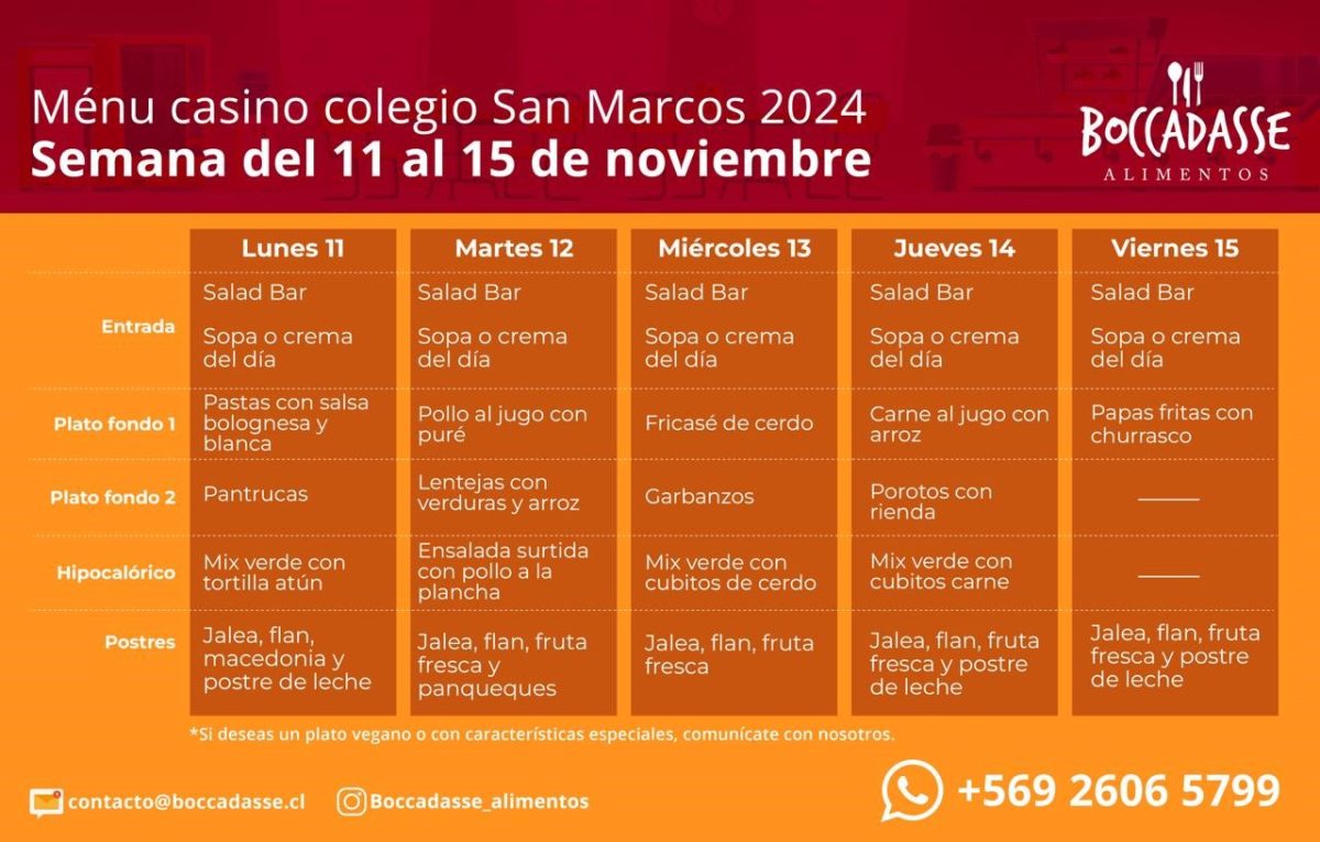 MENÚ CASINO, SEMANA DEL 11 AL 15 DE NOVIEMBRE