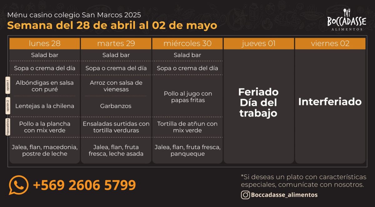 MENÚ CASINO: 28 AL 30 DE ABRIL