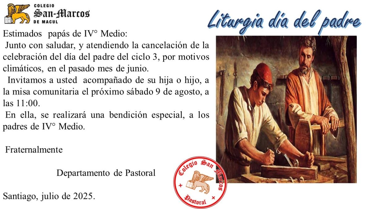 Invitación a los padres de IV° Medio a la misa comunitaria.