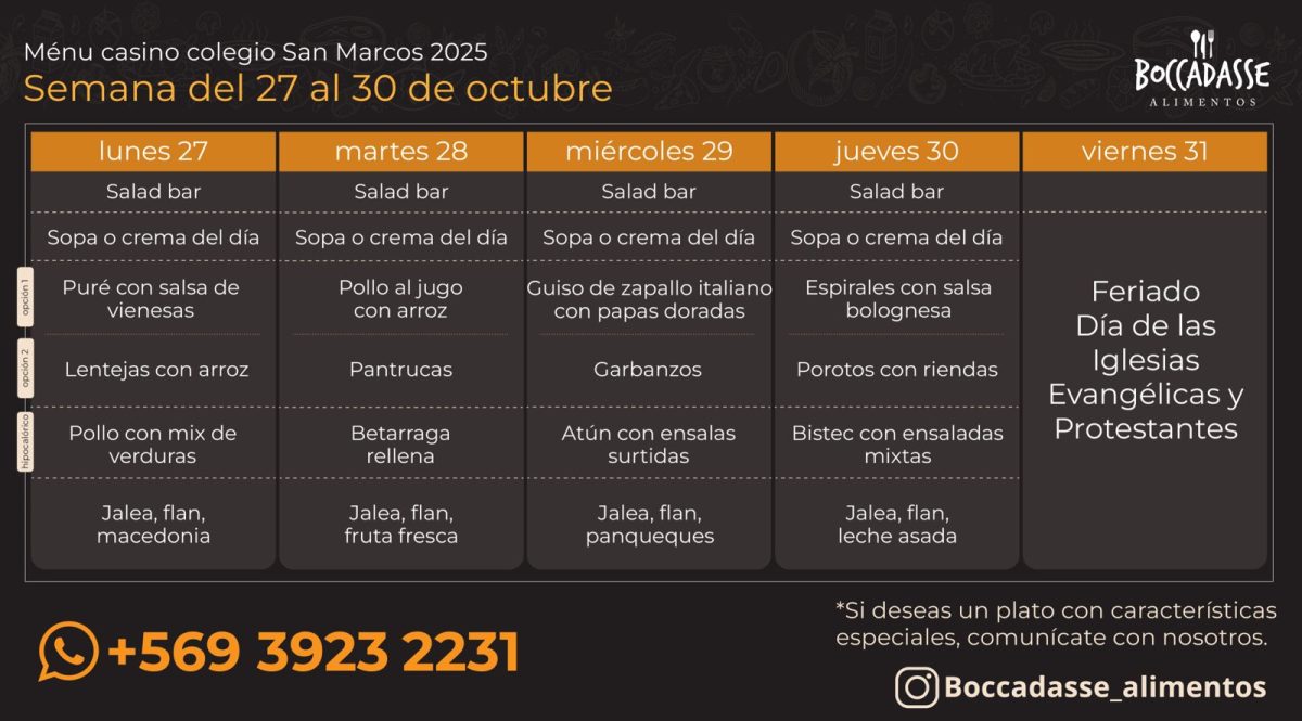 Menú Casino del 27 al 30 de octubre