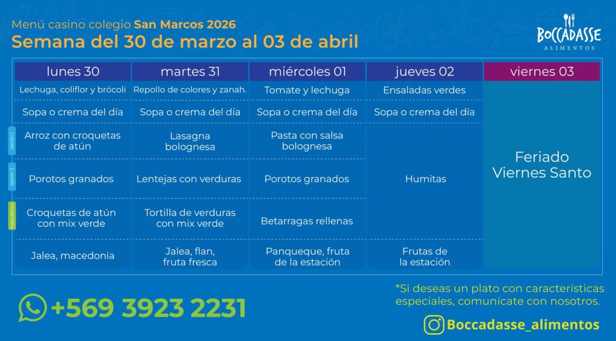 Menú Casino del 30 de marzo al 03 de abril