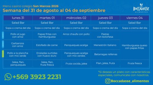 Menú Casino del 31 de agosto al 04 de septiembre
